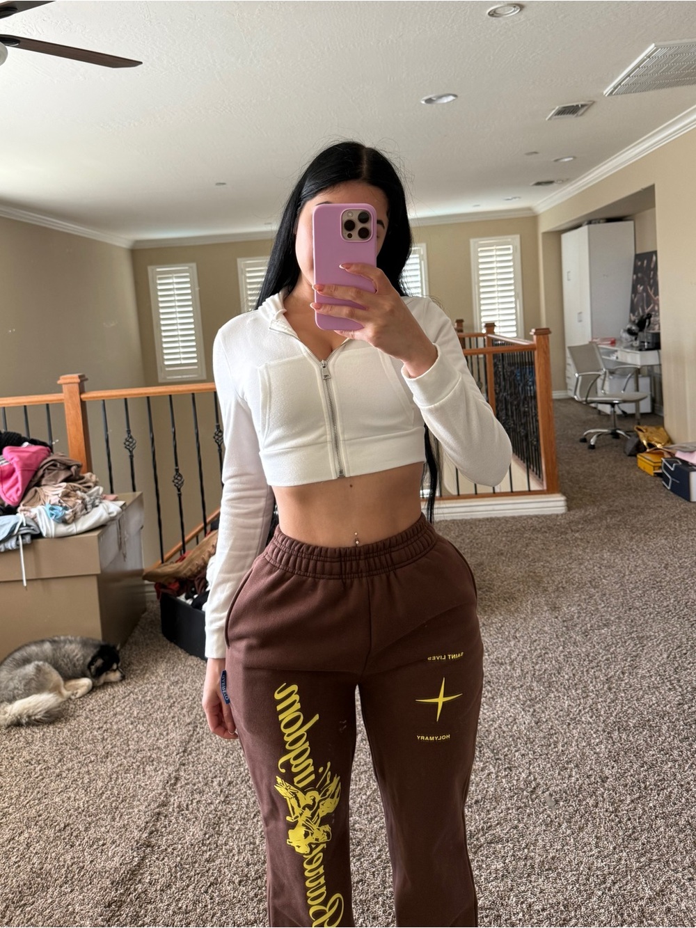 Cropped White Zip-Up Hoodie with Brown Graphic Sweatpants